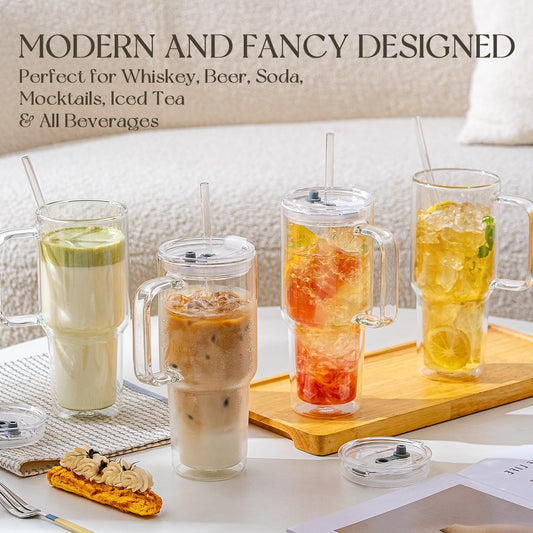 KEMORELA 2 Pack 28oz Double Wall Glass Tumblers with Handle, Lids & Straws – Large Insulated Clear Glass Coffee Cups for Iced Coffee, Matcha, Smoothies, Bubble Tea & Cold Drinks