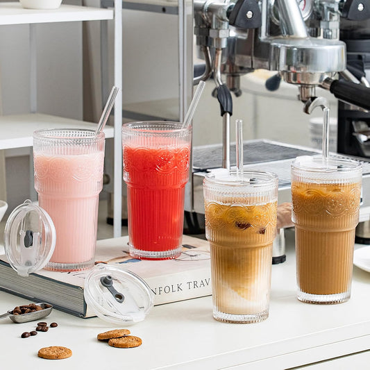 SoulTimes 20oz Ribbed & Floral Glass Tumbler Set of 2 – Reusable Glass Cups with Lid and Glass Straw, Iced Coffee Cups for Water, Smoothie, Milk, Cocktail & More – Perfect for Daily Use & Travel