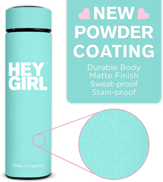 Hey Girl Tea Infuser Bottle 450ml - Insulated Stainless Steel Water Bottle - Tea Tumbler with Tea Diffuser - Portable Travel Mug for Loose Leaf Tea & Infused Water - Tea Lovers Gifts for Women (Pink)