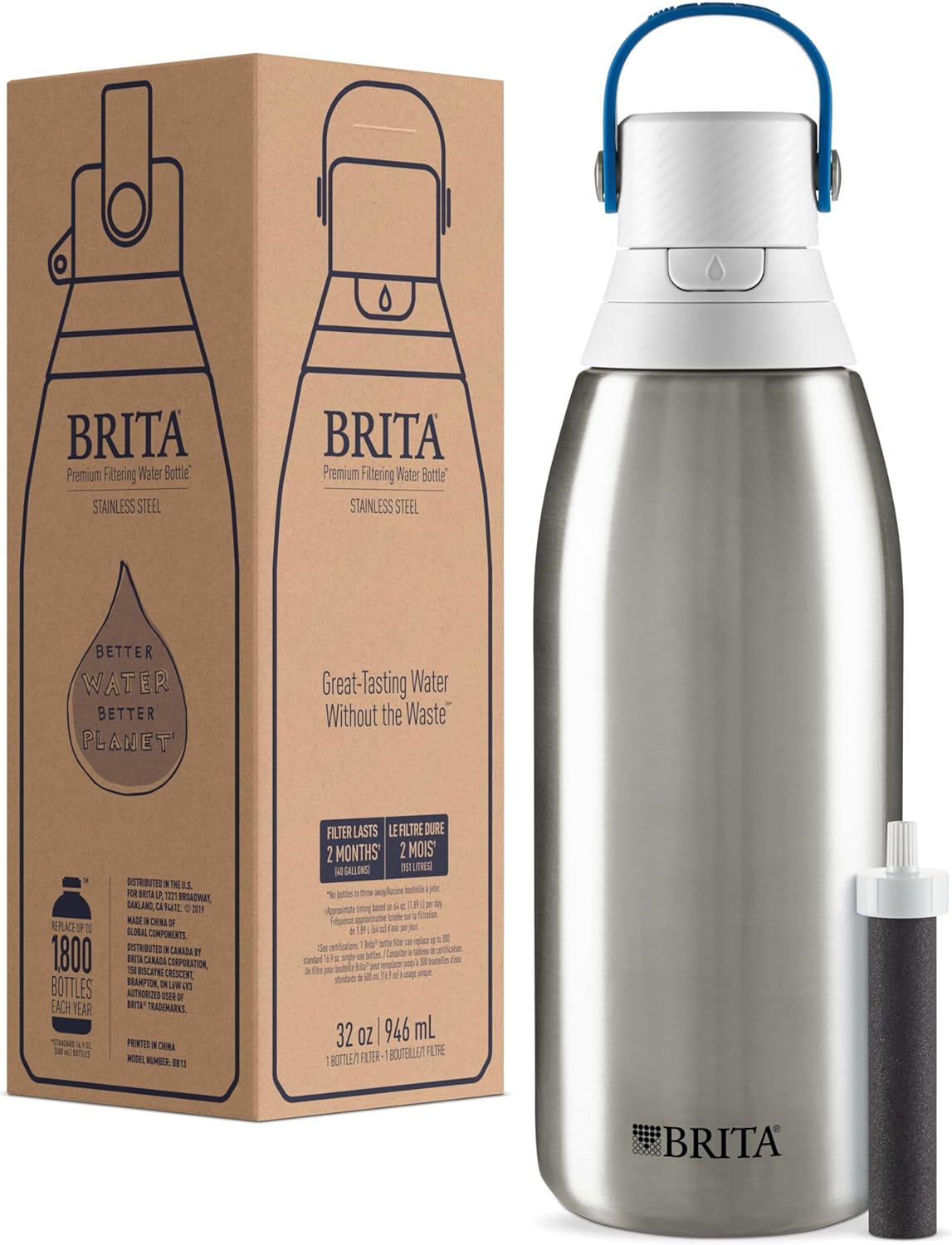 Brita Stainless Steel Premium Filtering Water Bottle, BPA-Free, Reusable, Insulated, Replaces 300 Plastic Water Bottles, Filter Lasts 2 Months or 40 Gallons, Includes 1 Filter, Glacier - 20 oz