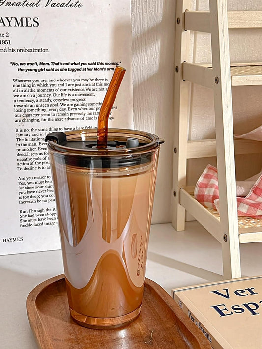 Olvini 15oz Glass Tumbler with Straw and Lid, Cute Iced Coffee Cups, Aesthetic Glass Cups, Coffee Tumbler, Water Cup, Matcha Cup, Drinking Glasses (Clear)