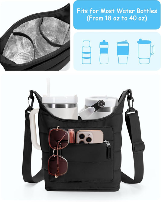 Water Bottle Holder with Strap for 2 Cups, Water Bottle Sling Bag with Phone Pocket, Tumbler Carrier Bag for Walking, Hiking, Camping