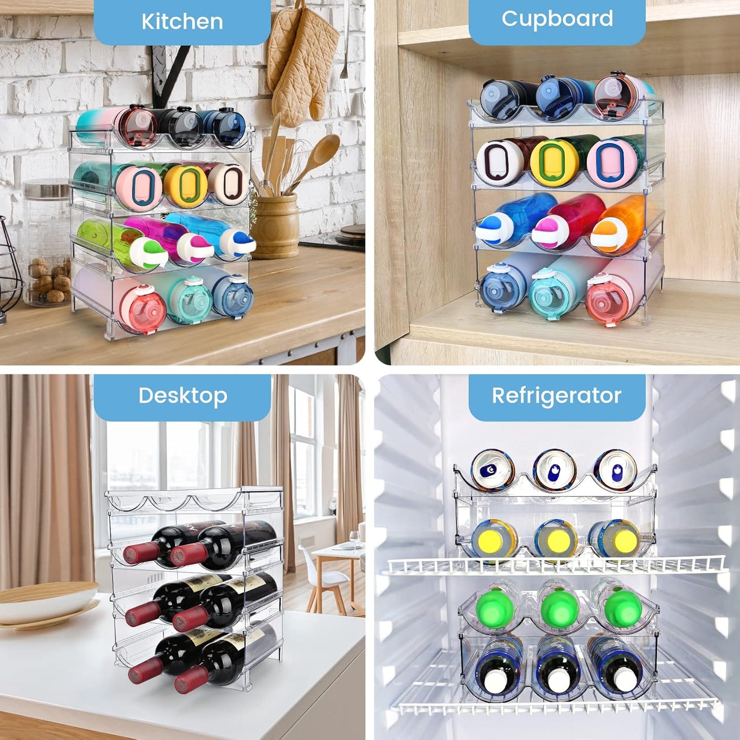 spospo Water Bottle Organizer for Cabinet, Water Bottle Storage Organizer, 2 Packs Water Bottle Storage Rack, Water Bottle Holder for Cabinet, Stackable Water Bottle Storage Rack