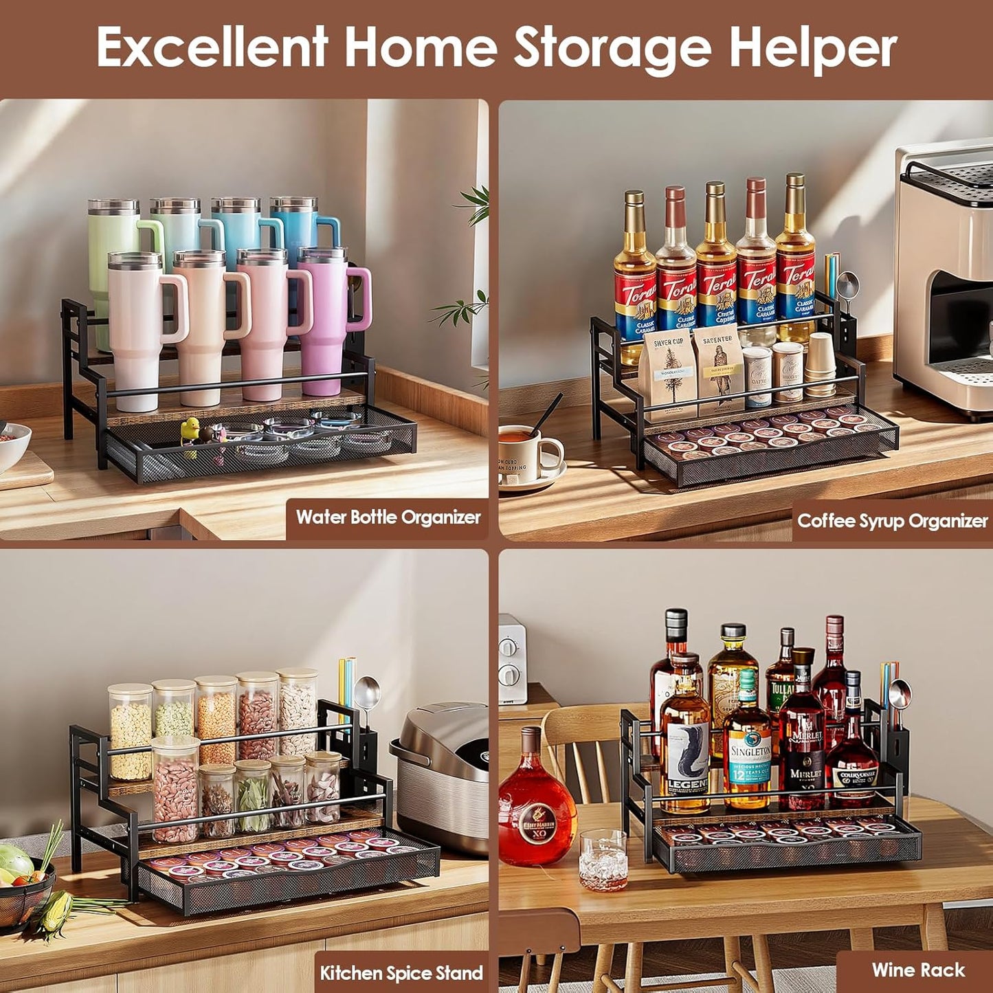 Water Bottle Organizer for Full Stanley 40 oz Tumbler with Handle, 2 Tier Tumbler Organizer for 8 Cups, Kitchen Pantry Organizers and Storage for Owala Stanley Cup Accessories, Brown