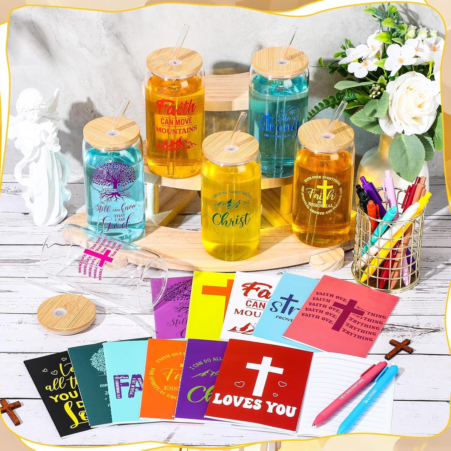 Skylety 12 Set Christian Gifts Bulk for Women Men Bible Study Journal 16 oz Inspirational Bible Verse Glass Cups Religious Tumblers with Lids Straw Pens for Pastor Church Anniversary Souvenirs Teacher