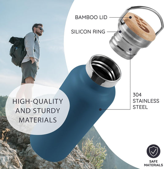 Bambaw 24 oz Stainless Steel Water Bottle, Insulated Metal Water Bottle Wide Mouth, Great for Hiking & Travel, With Handle Easy to Carry, Rust-Resistant & Durable (Aegean Blue)