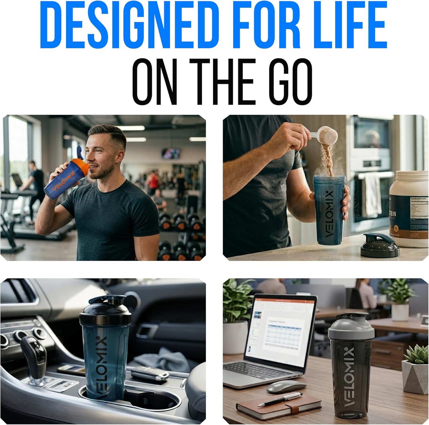 VELOMIX -3 PACK- 28 oz Protein Shaker Bottle for Protein Mixes - 3x Wire Whisk | Leak Proof Shaker Cups for Protein Shakes | Stackable Protein Shaker Bottle Pack | Dishwasher Safe (ColorBurst Set)