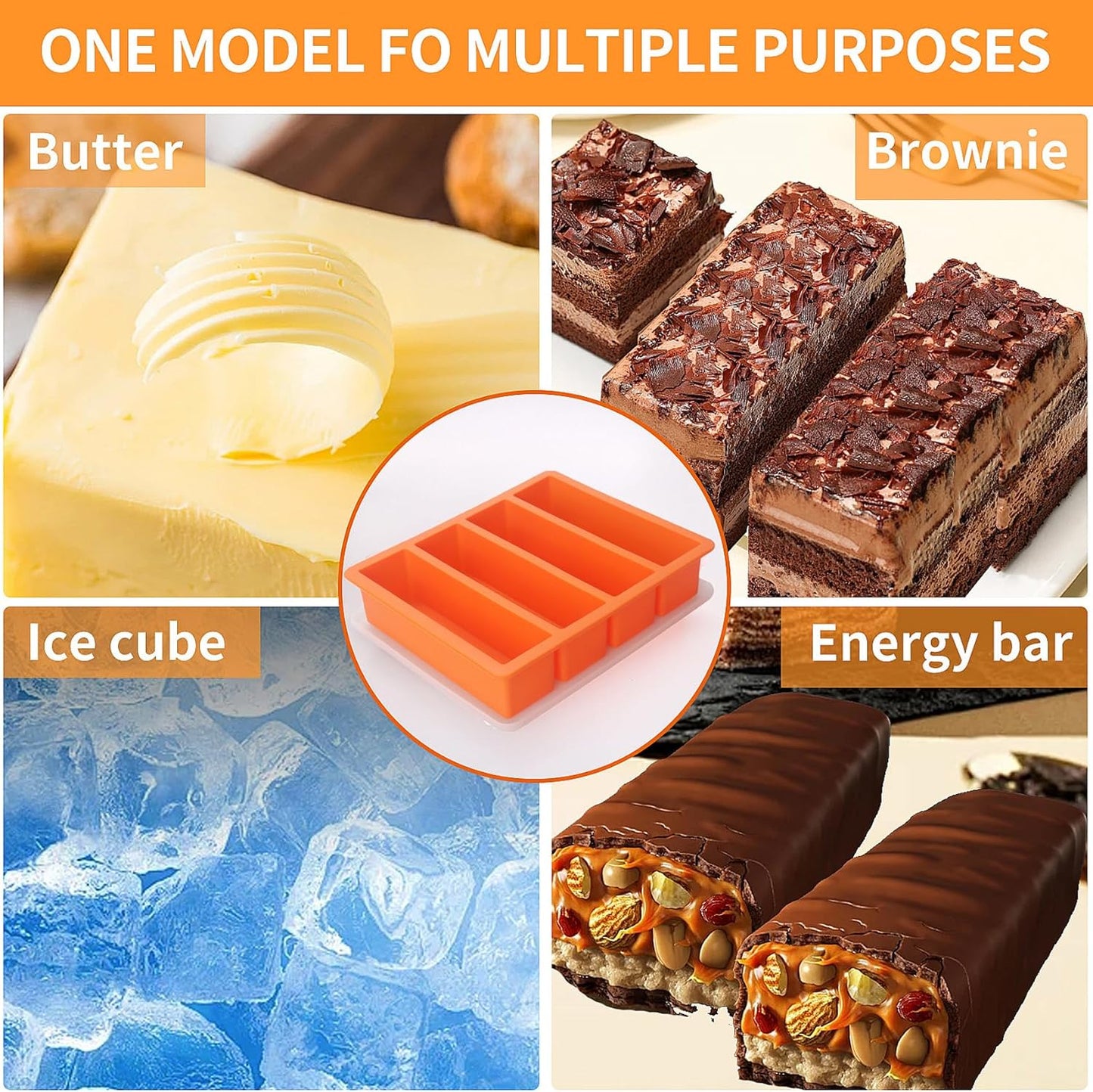 Large and Long Ice Cube Tray 2 Pack Silicone Freezing Container Sticks with Lid for Whiskey, Water Bottle, Food Leftovers and Baking (2pack Orange)