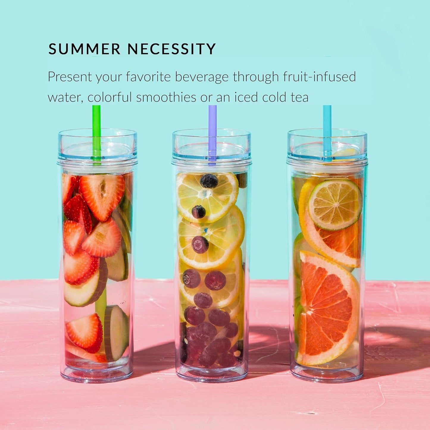 Maars Skinny Clear Tumbler with Lid and Straw | 16oz Premium Acrylic, Insulated Double Wall Plastic Reusable Water Cups, BPA-Free To Go Cups for Iced Coffee, Juice & Ice Tea