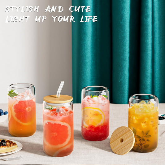12 Pcs Glass Cups with Bamboo Lids and Straws - 16oz Glass Tumbler, Iced Coffee Cup, Can Shaped Drinking Glasses for Coffee, Tea, Smoothie, Juice, Cocktail Include 2 Cleaning Brushes