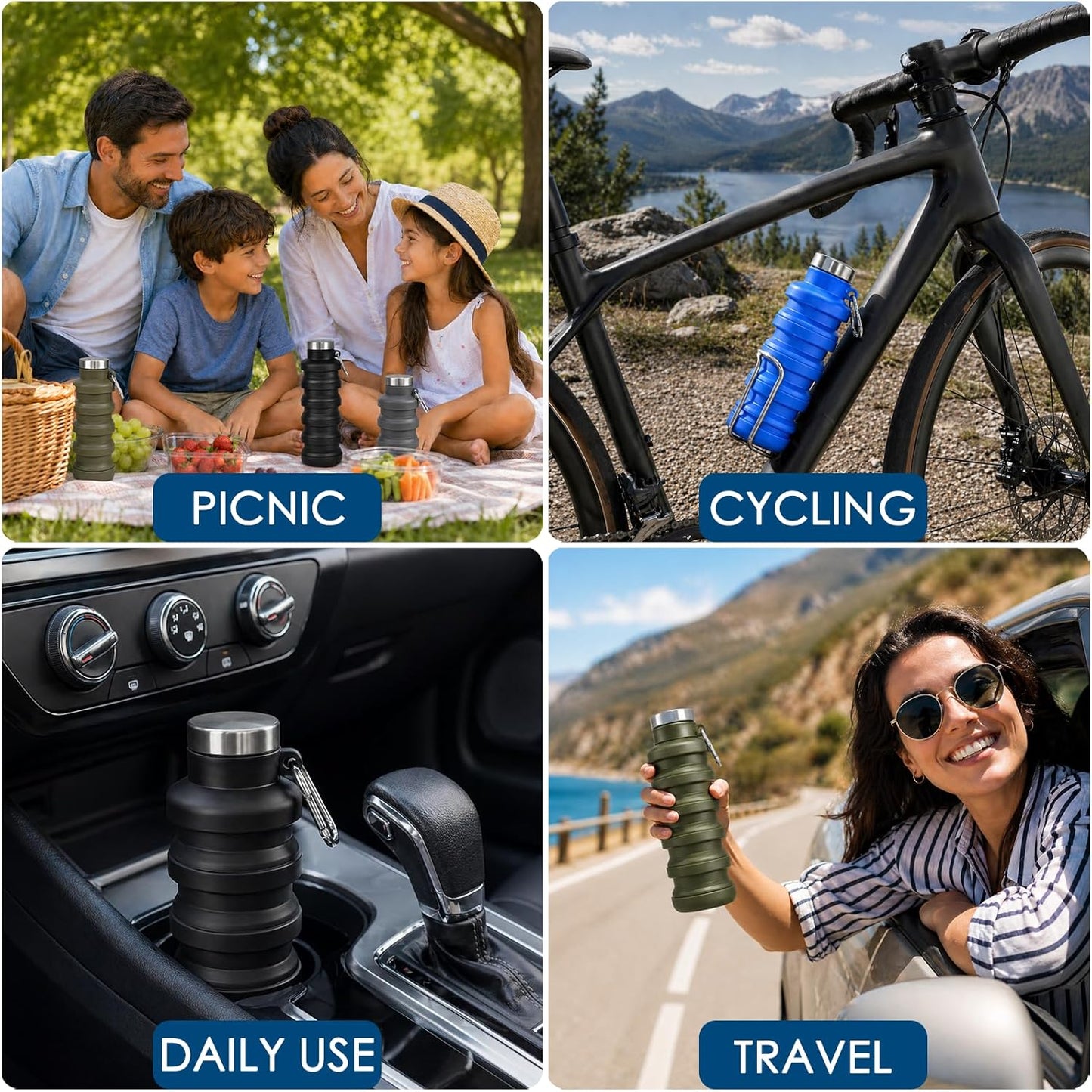 4 Pack Collapsible Water Bottles, 16oz Portable Reusable Silicone Water Bottle, Foldable Water Bottles for Travel Gym Camping Hiking, Leak Proof Sports Water Bottle with Carabiner (Bright Color)