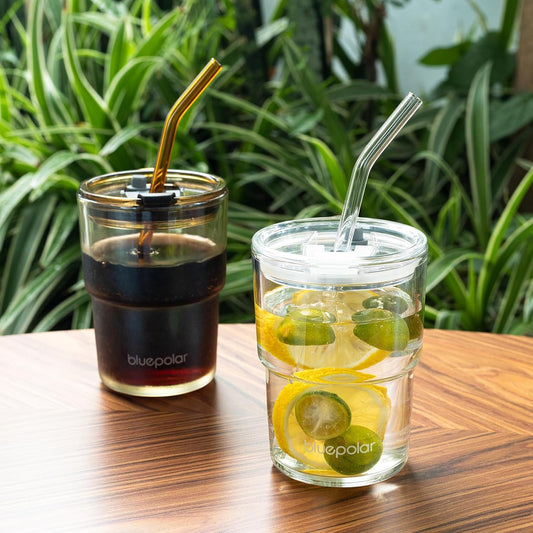 BLUEPOLAR 13oz/400ml Glass Water Tumbler with Straw and Lid Sealed Carry On Thick Wall Iced Coffee Cup Glass Cup for Water, Iced Tea Fruit Juice Etc (White-2Pack)