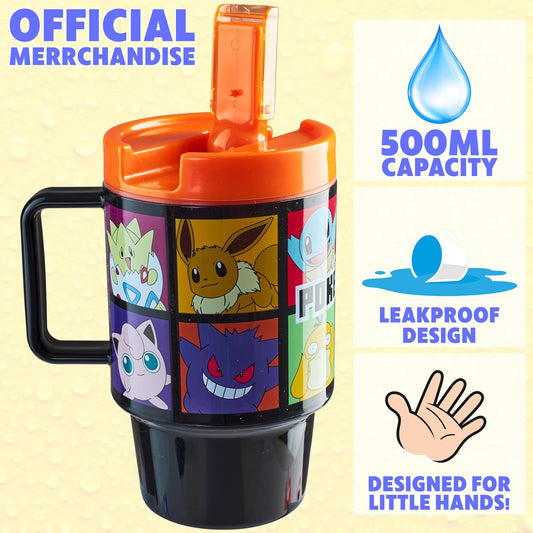 Get Trend Pokemon Kids Water Bottle with Straw 16.9 oz BPA Free Plastic Cup with Lid Reusable Tumbler Pikachu Anime Gifts for Kids (Black Pokemon)