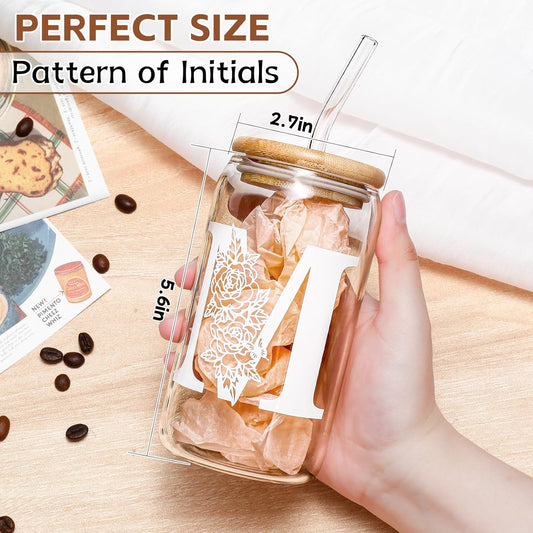 Glass Cups with Lids and Straws: Personalized Initial Glass Cup Be Used As Reusable Iced Coffee Cups with Lids,Cute Matcha Tumbler - The Christmas/Birthday Gifts for Women - M Smoothie Cup