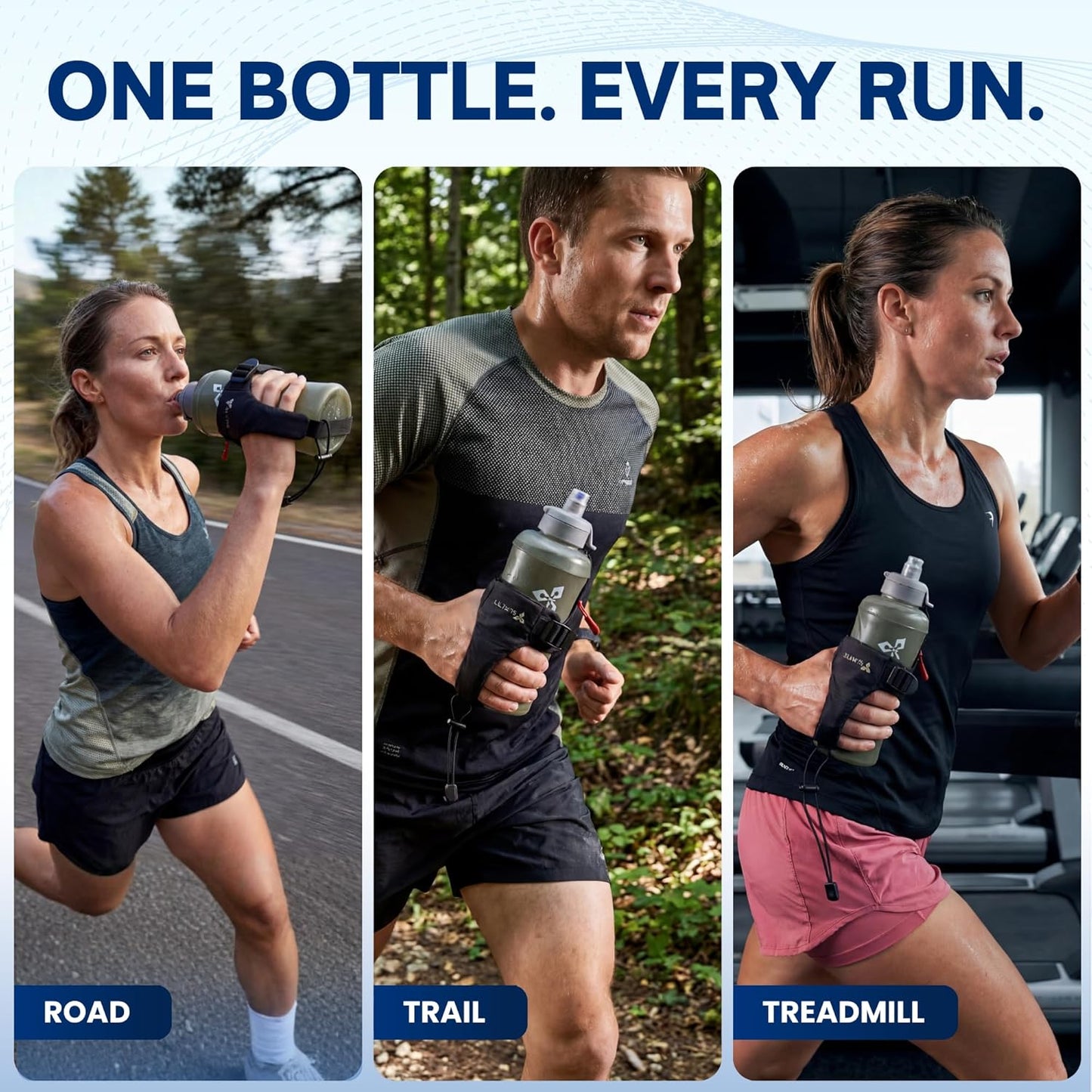 Handheld Running Water Bottle 18 oz – Grip-Free Collapsible Water Bottles for Running with Adjustable Strap & Thumbhole, Expandable Phone Pocket, Race Cap for One-Hand Drinking