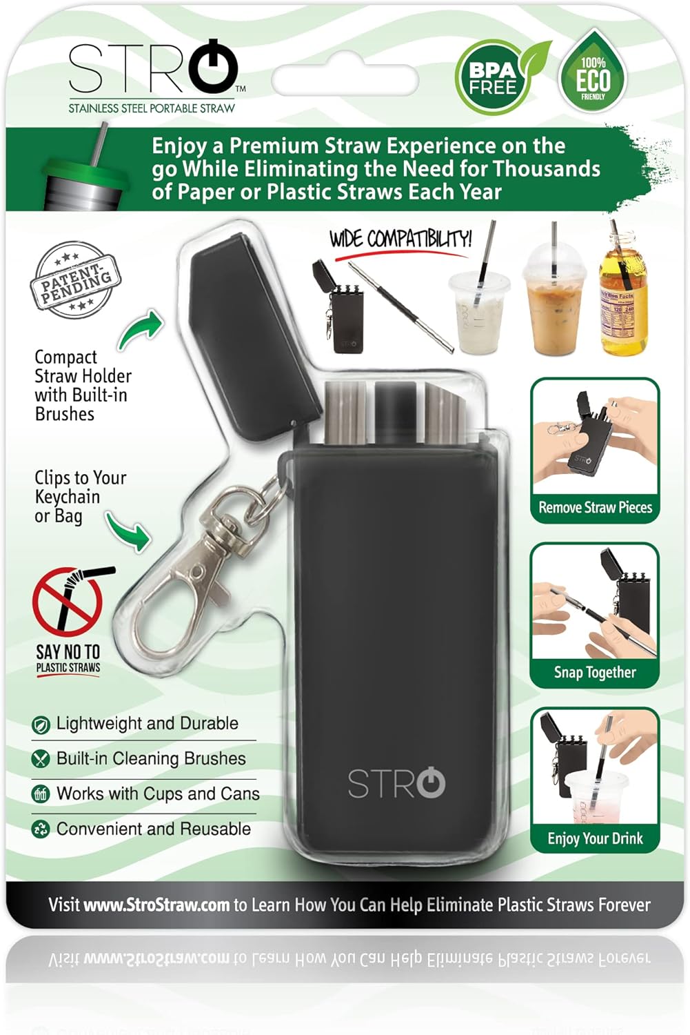 STRO Portable Reusable Metal Straw with Travel Case & Built-in Cleaning Brush, Stainless Steel Straws Drinking Straw for 20 and 30 oz Tumblers, Cans, Bottles, Cups