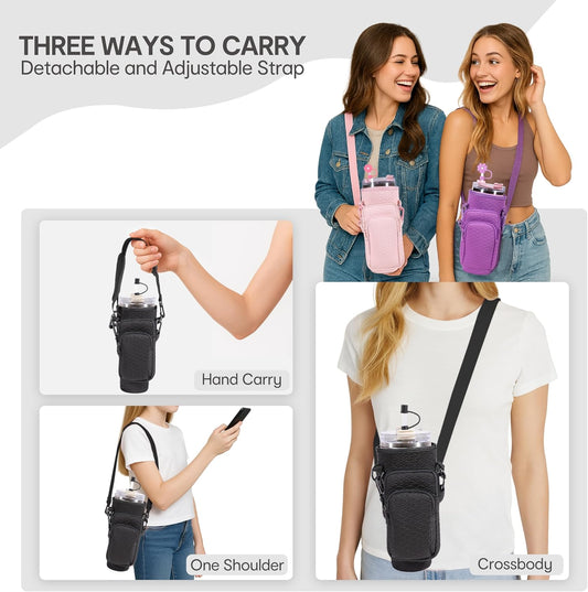 &And Per Se Water Bottle Shoulder Bag with Phone Pocket, Compatible with Stanley 30oz Tumblers - Neoprene Carrier with Adjustable Strap & Charm Accessory (Black)