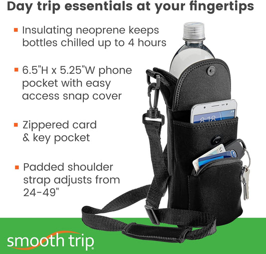 Smooth Trip Neoprene Water Bottle Sleeve with Phone Pouch - Insulated Water Bottle Holder with Storage Pockets and Padded Strap for Walking and Hiking - Fits up to 32 oz. Bottles
