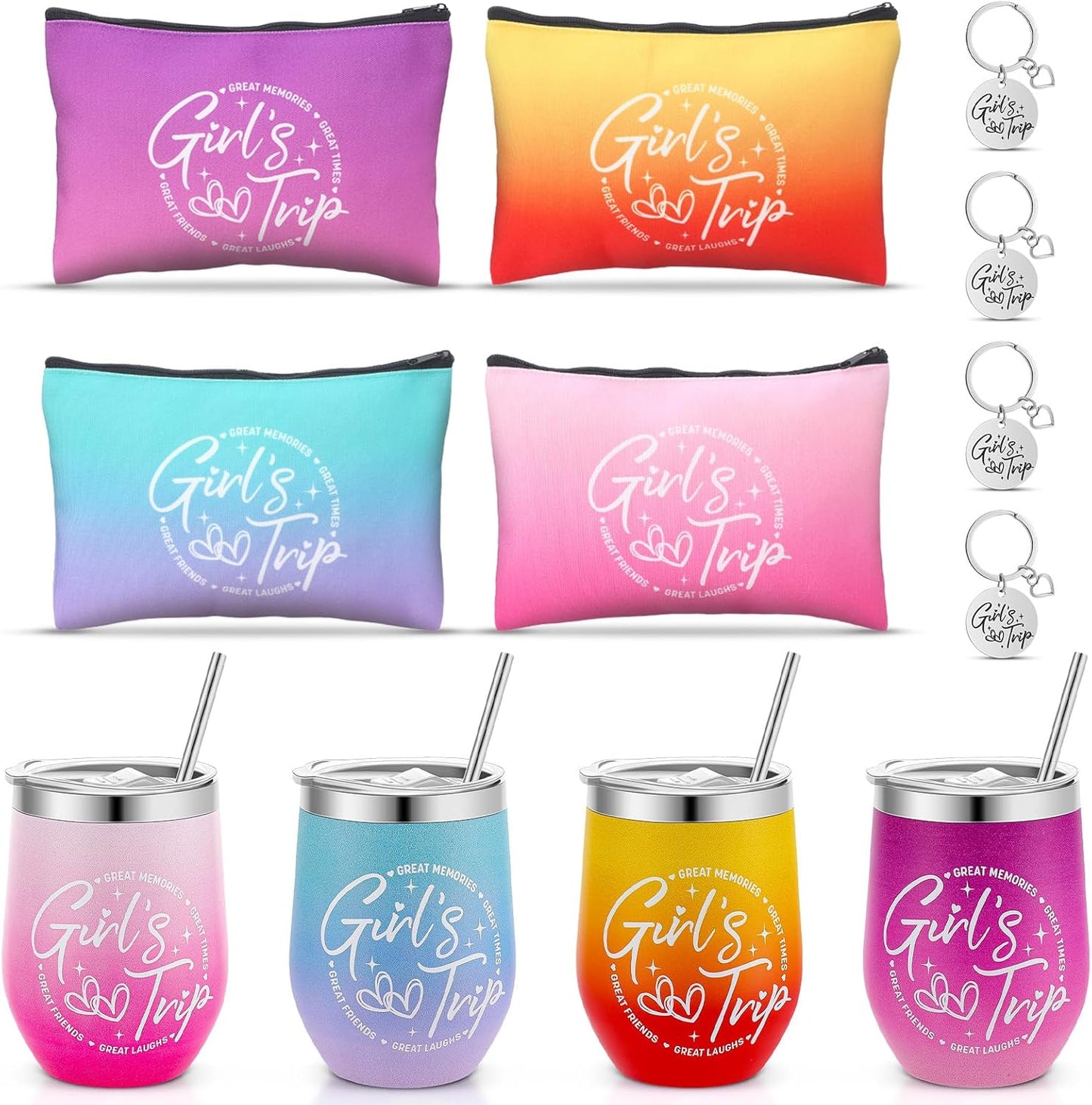 Ovveroche12 Pcs Girls Trip Gifts Set Include 4 Friends Wine Tumbler with Lid And Straw 12 Oz 4 Friends Cosmetic Bag 4 Keychains Bulk Friend Appreciation Gifts Set for Girls Weekend Bachelorette Travel
