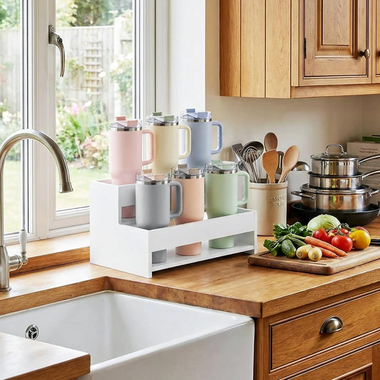 Water Bottle Organizer, 2-Tier 15.7" W Tumbler Holder for 8 Cups, Pantry Kitchen Storage Rack for Wine Bottles Countertop Cabinet