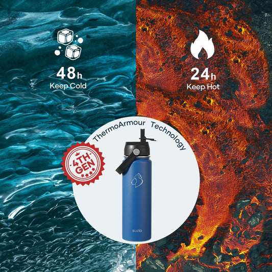 BUZIO 40oz Insulated Water Bottle, Triple Wall Vacuum Stainless Steel Water Flask with 2 lids, Lead-Free BPA-Free Straw Lid Sports Canteen Jug, Cold 48H & Hot 24H- Black - Colors B