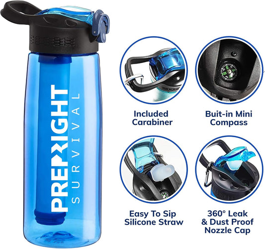 Survival – 4-Stage Water Filter Bottle, BPA-Free 22oz Camping Water Bottle with Built-In Compass, Travel and Emergency Preparedness Gear, Purple