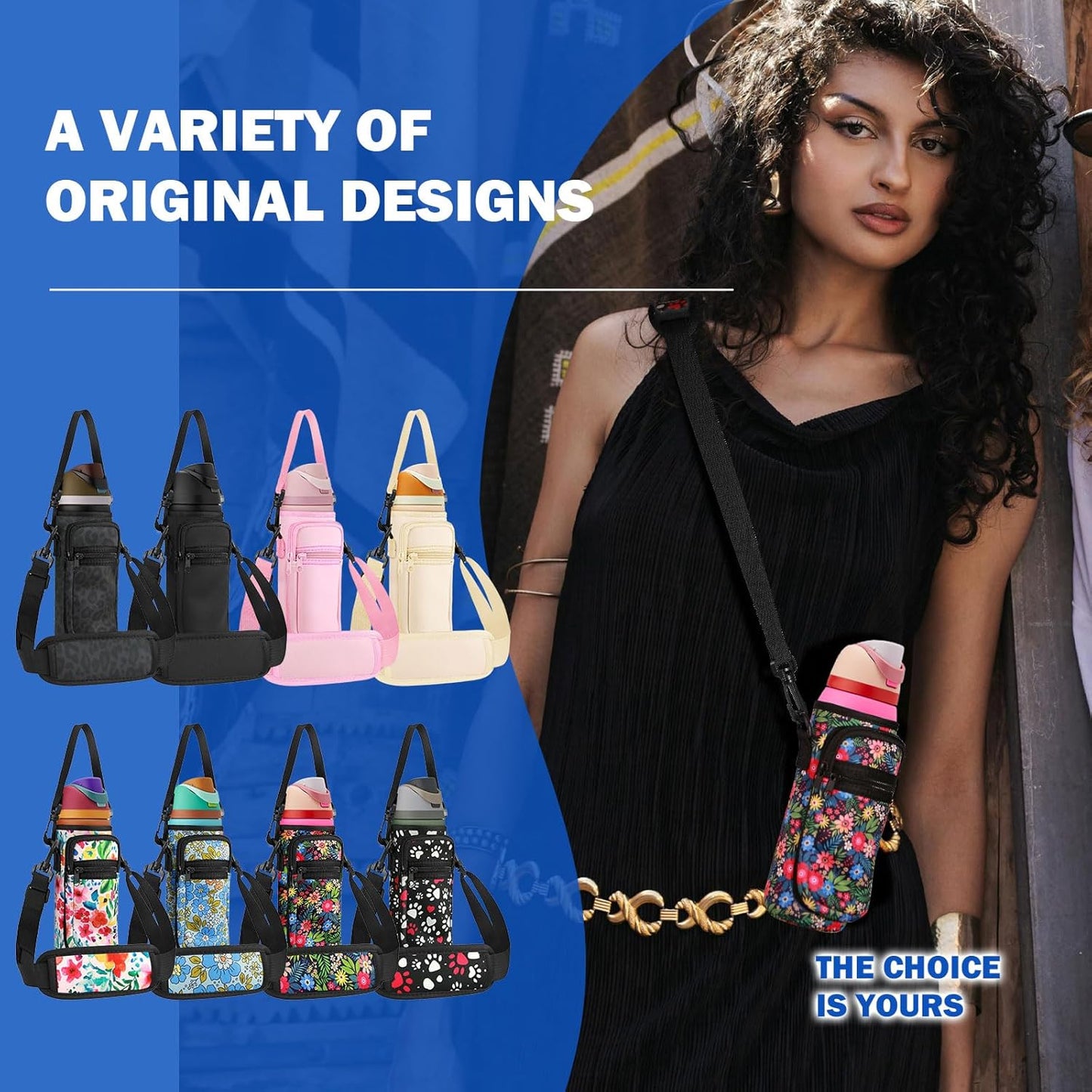 Neoprene Water Bottle Holder Bag with Cell Phone Pocket Compatible with Owala FreeSip 24 oz,Water Bottle Carrying Bag ,with Adjustable Shoulder Strap,for 24oz Stainless Steel Water Bottle