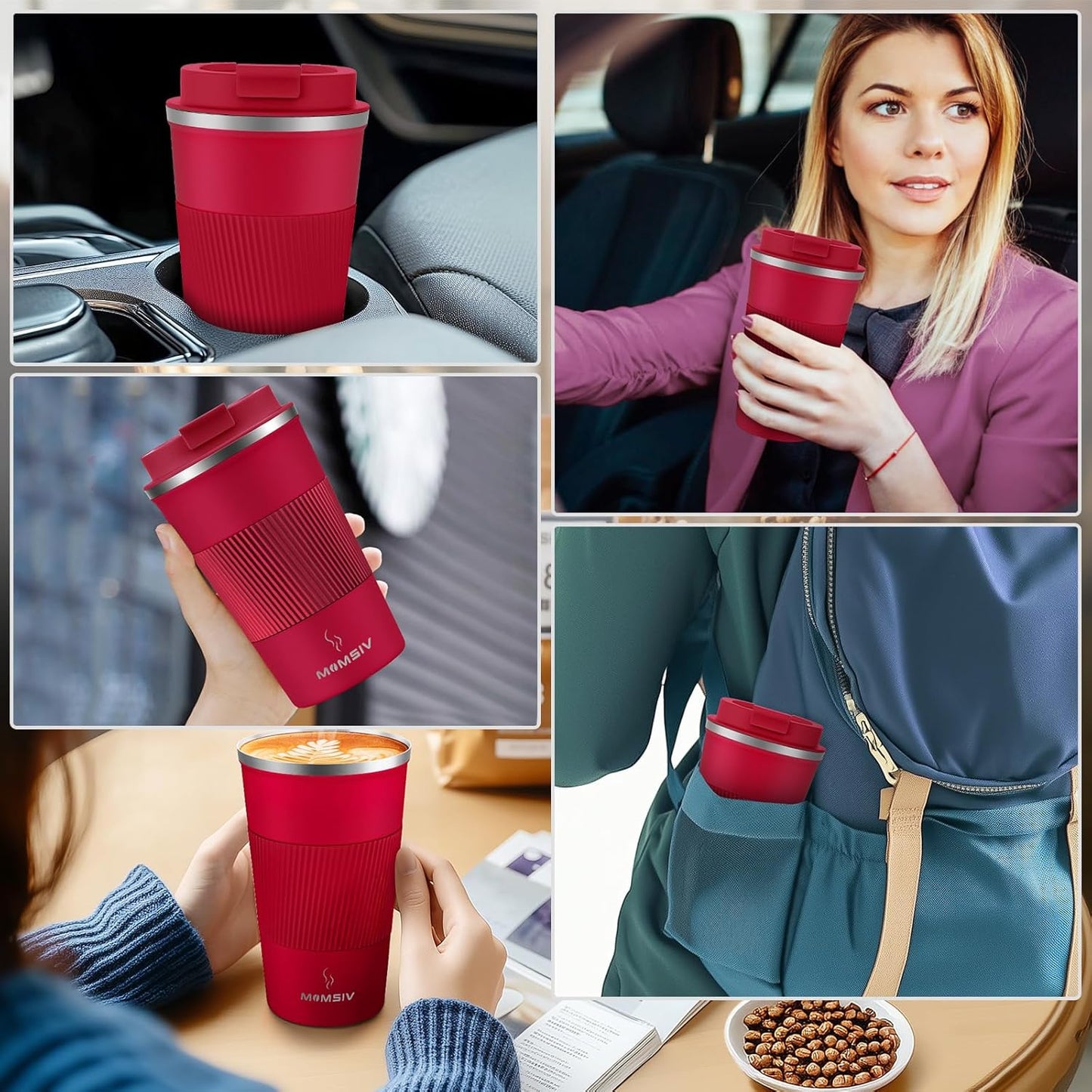 MOMSIV 12oz Travel Mug, Insulated Coffee Cup with Leakproof Lid, Travel Coffee Mug Vacuum Stainless Steel Double Walled Reusable Coffee Cup for Hot and Cold Water Coffee
