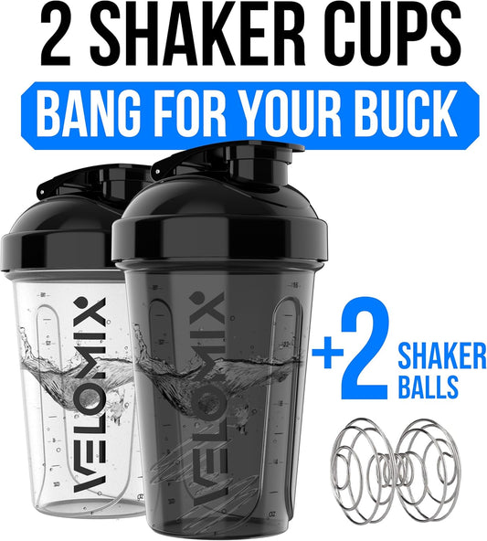 VELOMIX -2 Pack- 20 oz Protein Shaker Bottles for Protein Mixes - 2x Wire Whisk | Leak Proof Shaker Cups for Protein Shakes and Pre Workout | Protein Shaker Bottle Pack (Black/Transparent)