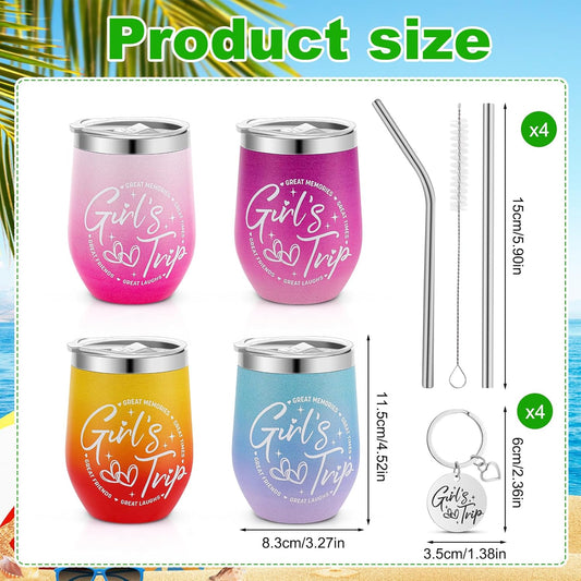 Ovveroche12 Pcs Girls Trip Gifts Set Include 4 Friends Wine Tumbler with Lid And Straw 12 Oz 4 Friends Cosmetic Bag 4 Keychains Bulk Friend Appreciation Gifts Set for Girls Weekend Bachelorette Travel