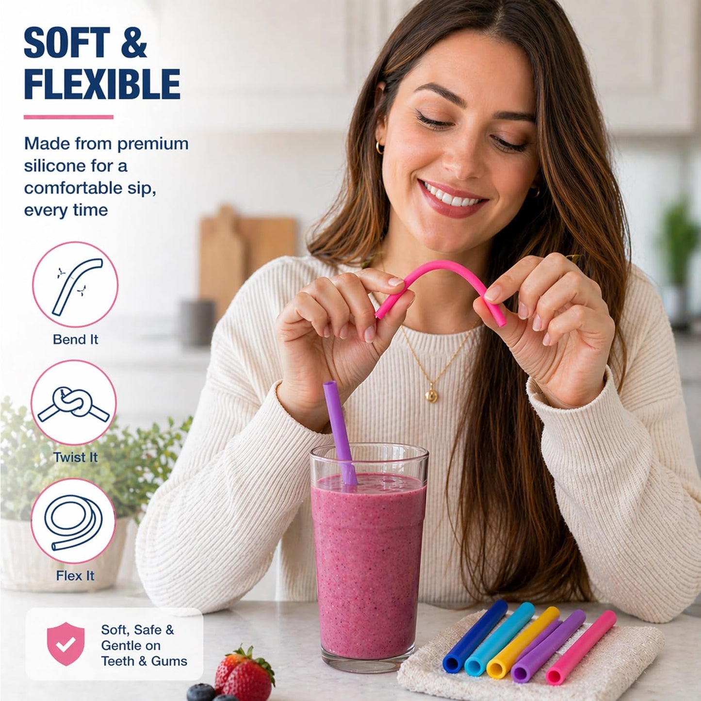 Reusable Silicone Drinking Straws - Set of 5 - BPA Free - Free Cleaning Brush Included - 10" Long Extra Wide Fat Straws - Great Gift for Smoothies & Bubble Tea Lovers
