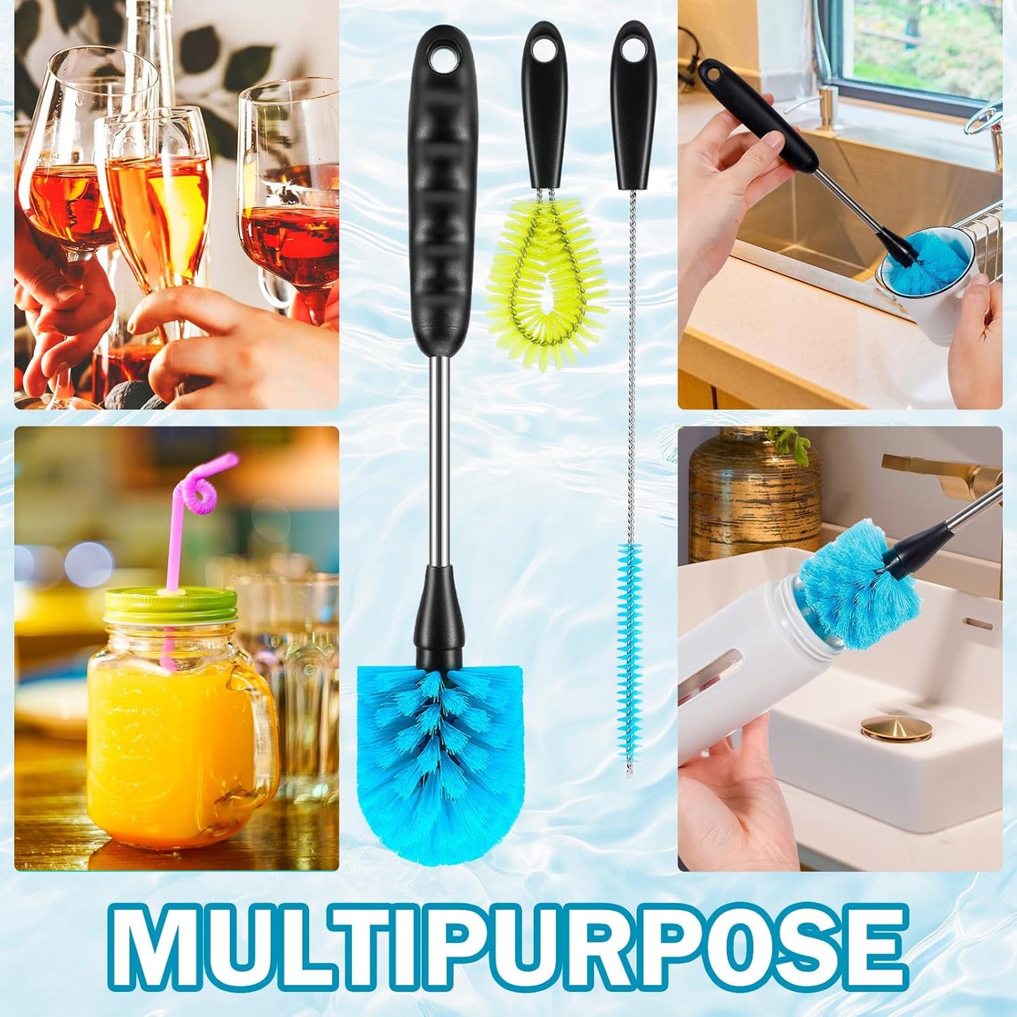 12.2 inch Bottle Brush Set of Three,Washable Coffee Cups, Water Bottles, Baby Bottles, Straws, to-go Cups, Long-Handled 3-in-1 Stainless Steel Bottle Brushes. (Blue)