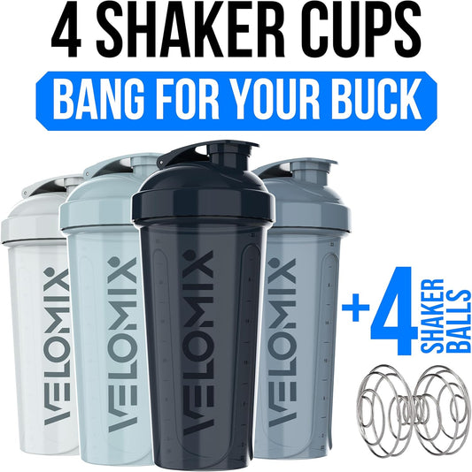 VELOMIX -4 PACK 28 Oz Protein Shaker Bottle for Protein Mixes - 4x Wire Whisk | Leak Proof Shaker Cups for Protein Shakes | Large, Stackable Protein Shaker Bottles Pack | Dishwasher Safe (Aqua Depths)