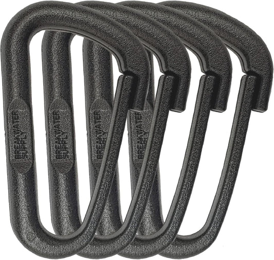 Breakwater Supply™ Hingeless Carabiner Hooks 4 Pack, Small 2-inch Gear Attachment Clips for Backpack, Keys, Keychain, Water Bottle, MOLLE + Ultralight, Tactical, D-Ring, Non-Corrosive, D-Shape