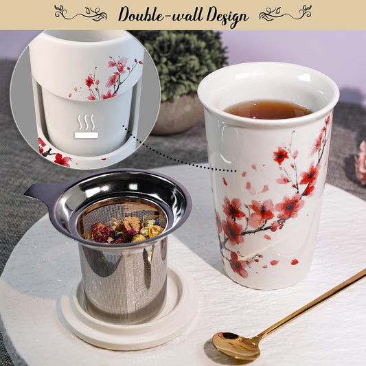 Harmoleaf Tea Gift Set for Women - 6 Herbal Loose Leaf Tea Blends, Insulated Ceramic Cup with Infuser & Lid | Birthday, Mother's Day, Anniversary & Retirement Gift for Her