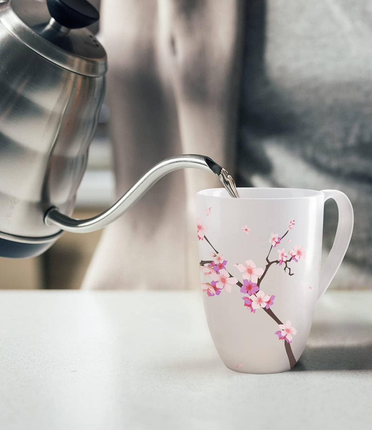 Tea Cup with Infuser and Lid - Tea Mug with Lid for Steeping Loose Leaf Coffee Milk Women Office Home Gift 16oz Navy Flower