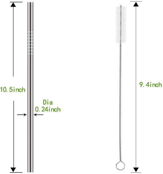 Set of 10 Stainless Steel Straws, Straight Reusable Drinking Straws 10.5'' Long 0.24‘’ Dia for 30 oz Tumbler and 20 oz Tumbler, 2 Cleaning Brush Included (10 Straight Straw + 2 Brushes)