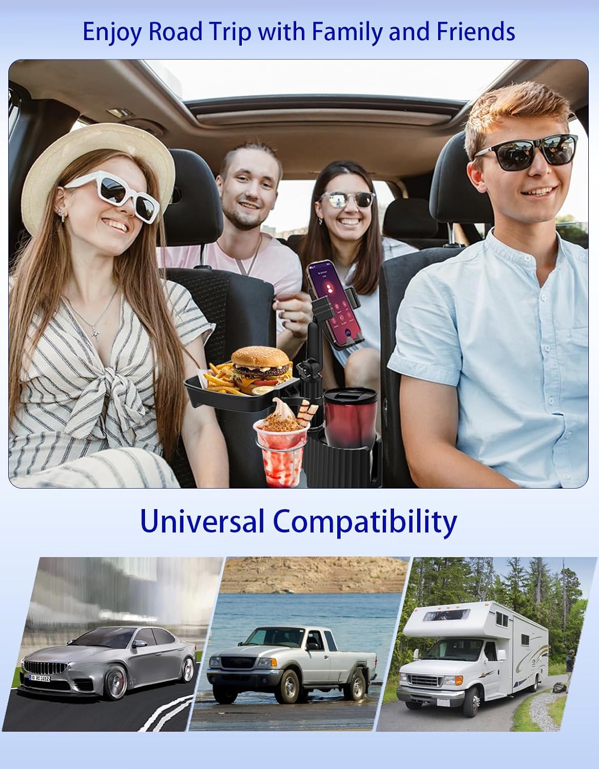 Car Cup Holder Tray - 4 in 1 Car Cup Holder Expander with Metal Cupholder, Adjustable Food Tray and Phone Mount for All Purpose, Automotive Essentials for Driver and Front Passenger