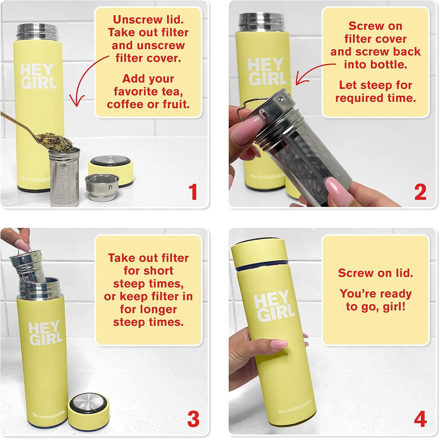 Hey Girl Tea Infuser Bottle 450ml - Insulated Stainless Steel Water Bottle - Tea Tumbler with Tea Diffuser - Portable Travel Mug for Loose Leaf Tea & Infused Water - Tea Lovers Gifts for Women (Pink)