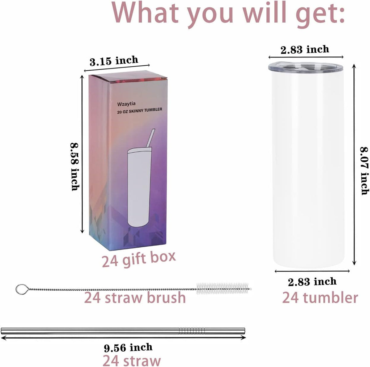 20 Oz Straight Skinny Tumblers, Individually Gift Boxed Stainless Steel Slim Skinny Tumbler Set Bulk, 20 Oz Insulated Slim Thin Travel Tumbler Cup for Diy, Silver