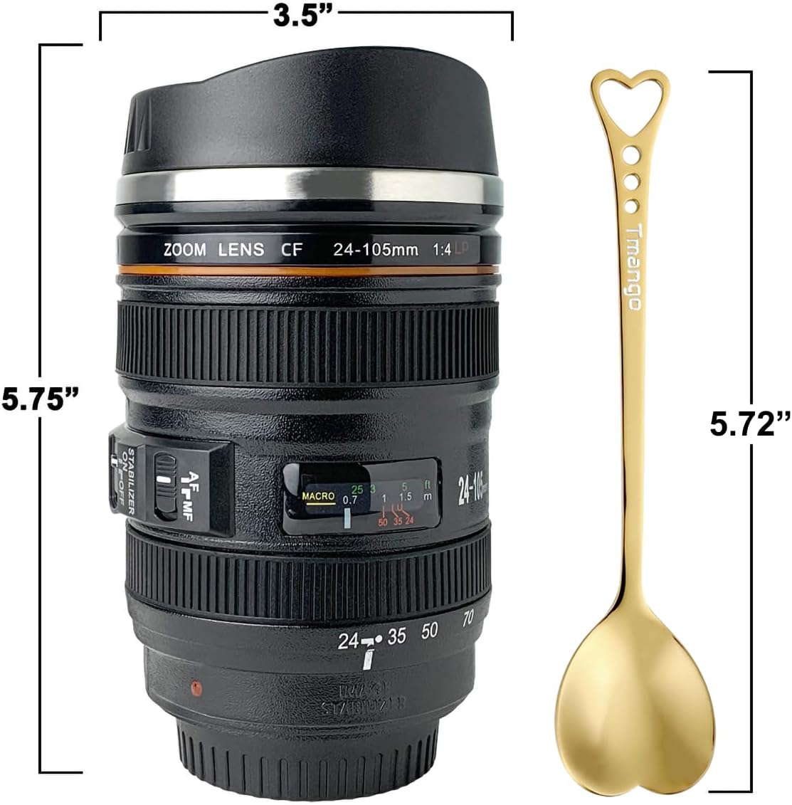 Camera Lens Coffee Mug with Slider Lid and Spoon– Realistic DSLR Thermos Cup, Novelty Gift for Photographers, Men & Women