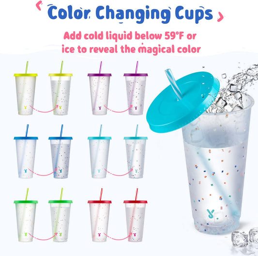 Confetti Color Changing Cups with Lids and Straws for Iced Coffee, Party, Pool - 6 Pack 24oz Reusable Plastic Tumblers for Kids and Adults