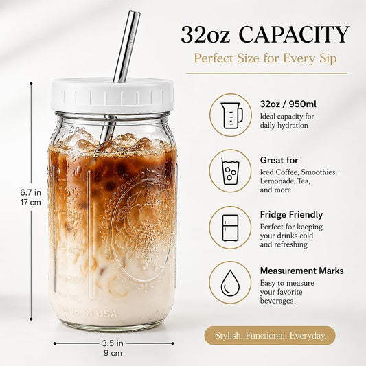 Reusable Wide Mouth Smoothie Boba Tea Cups Bubble Tea Cups with Lids and Silver Straws Mason Jars Glass Cups (2-pack, 32 oz mason jars)