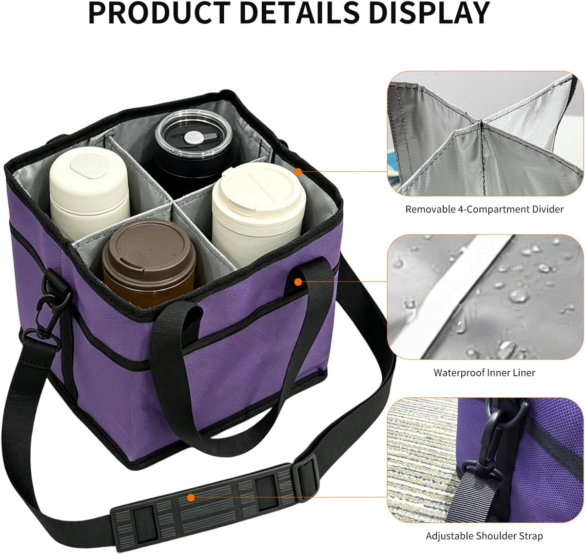 Insulated Drink Carrier Bag, 4 Compartment Leakproof Drink Tote with Divider, Reusable Beverage Carrier for Coffee, Delivery, Car Travel & Picnic