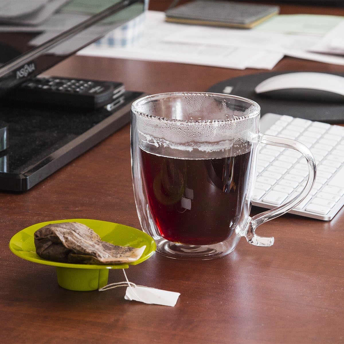 Double Wall Glass Mug and Tea Bag Buddy – Temperature Safe 16 oz. Clear Glass Mug – 100% Food Grade Green Silicone Tea Bag Buddy – Dishwasher and Microwave Safe Set