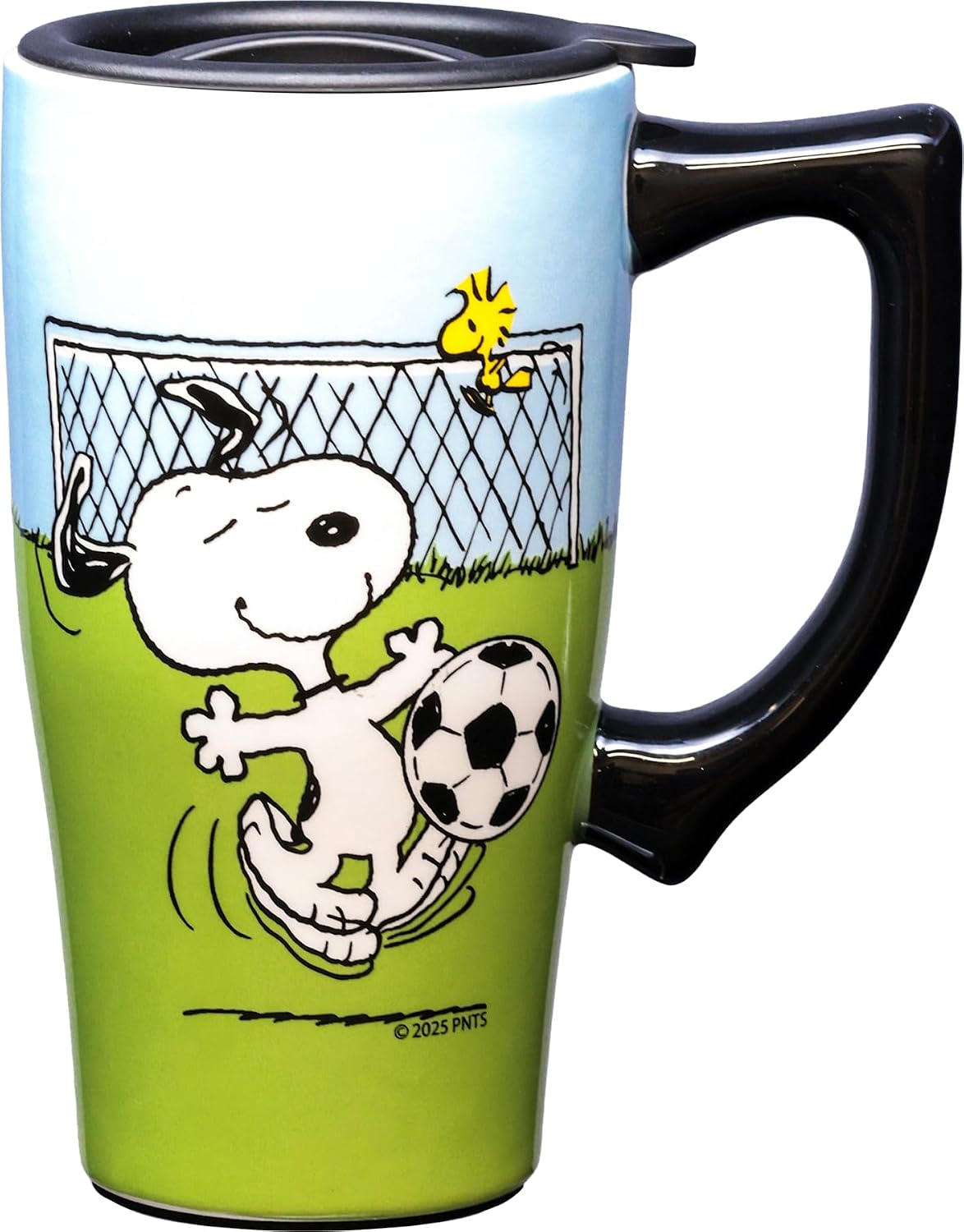 Snoopy Soccer Ceramic Travel Coffee Mug with Lid and Handle - Spill Proof Lid - Double Walled Mug for Hot and Cold Beverages - Microwave and Dishwasher Safe