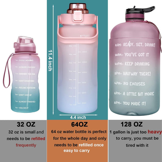 Large Motivational Water Bottle with Straw Time Marker BPA Free for Sport and Fitness (Pink Blue, 64 Oz / Half Gallon)