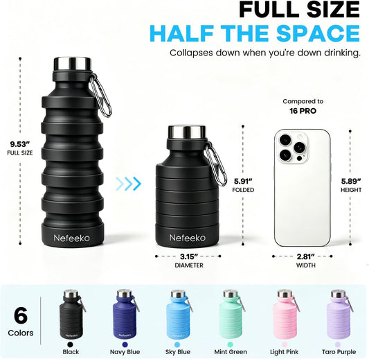 Collapsible Water Bottle, 27oz Reuseable BPA Free Silicone Foldable Portable Leak Proof Sports Water Bottle with Carabiner for Travel Gym Camping Hiking