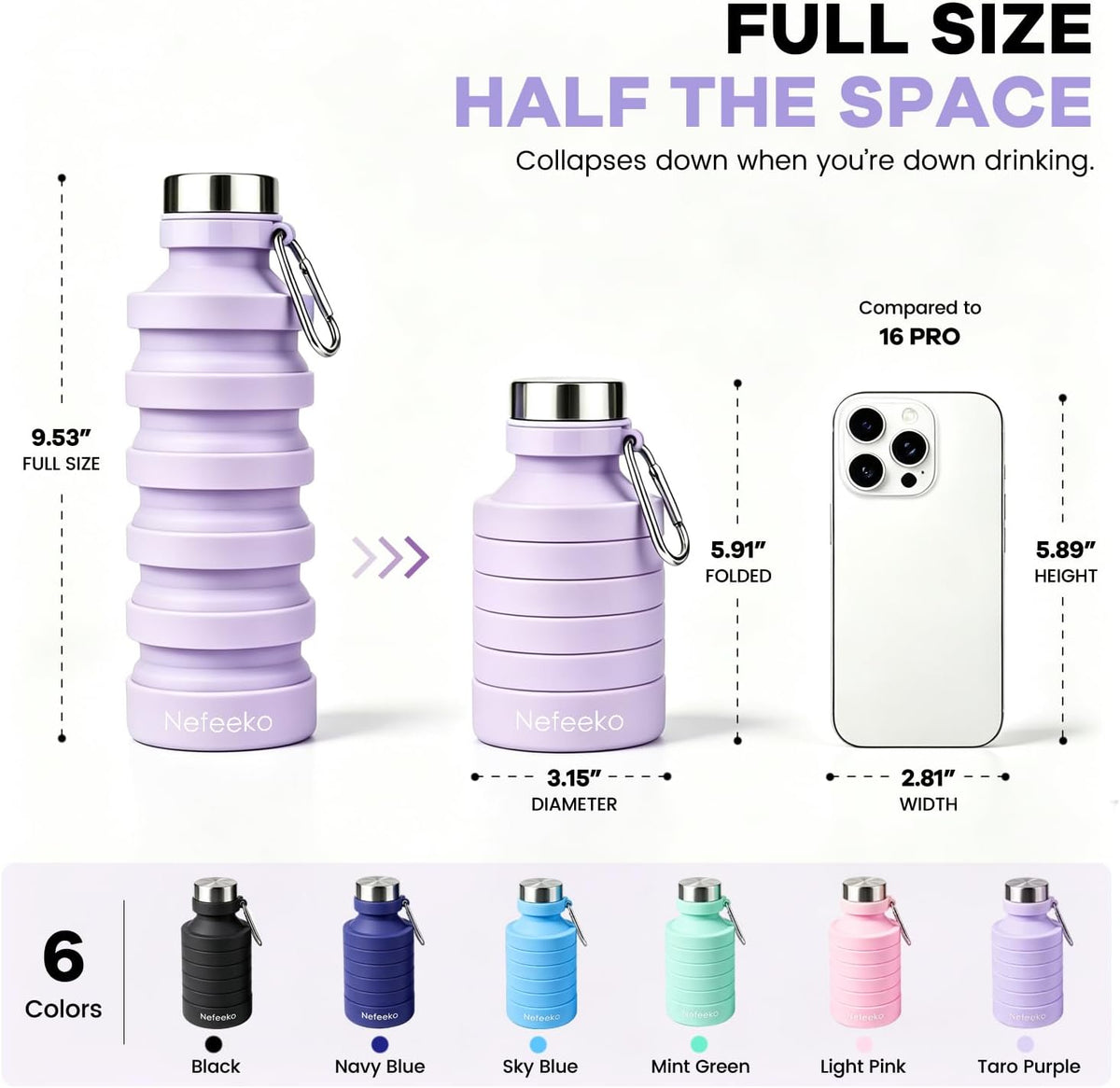 Collapsible Water Bottle, 27oz Reuseable BPA Free Silicone Foldable Portable Leak Proof Sports Water Bottle with Carabiner for Travel Gym Camping Hiking