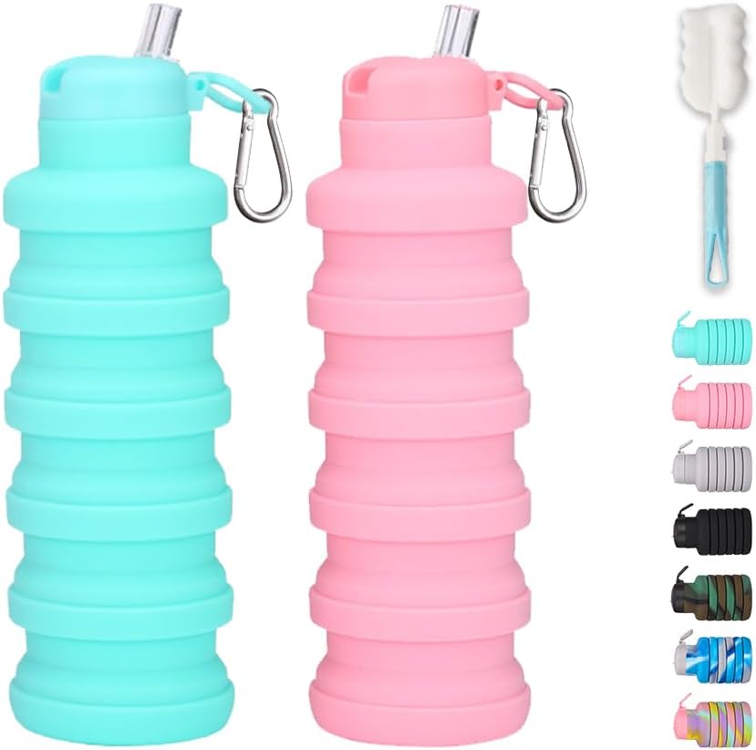 Collapsible water bottles 2 Pack with brush 500ml (Black+Aqua blue)